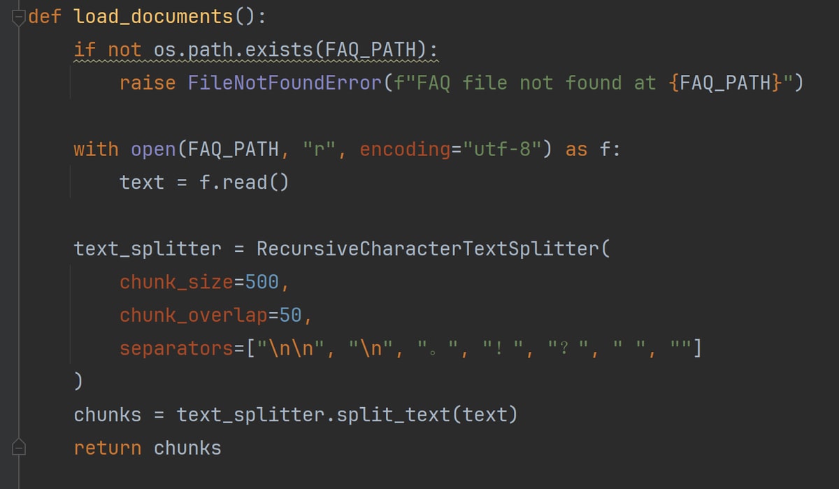 Python code loading local text and splitting it into overlapping chunks