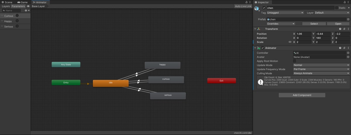 Animation states and transitions in the Unity Animator