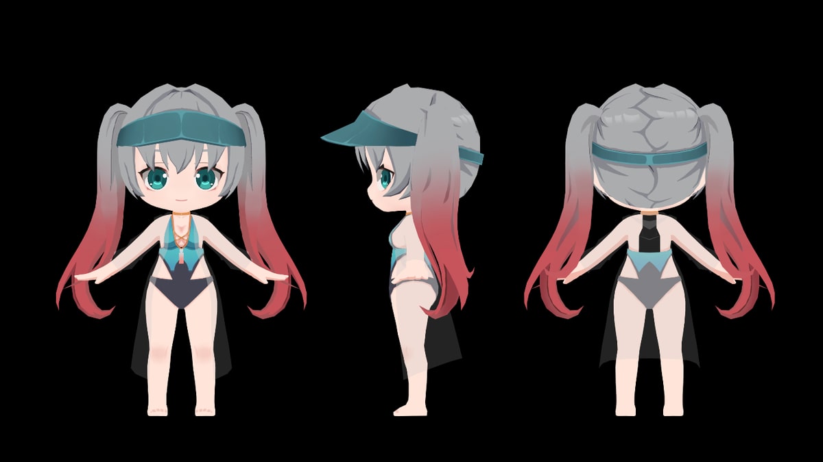 Front, side and rear views of a stylized character with long twin tails