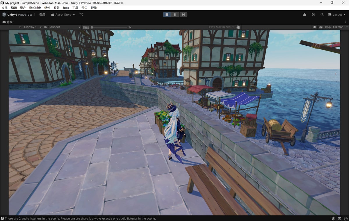 A detailed waterfront scene with stone paving, buildings and boats in Unity