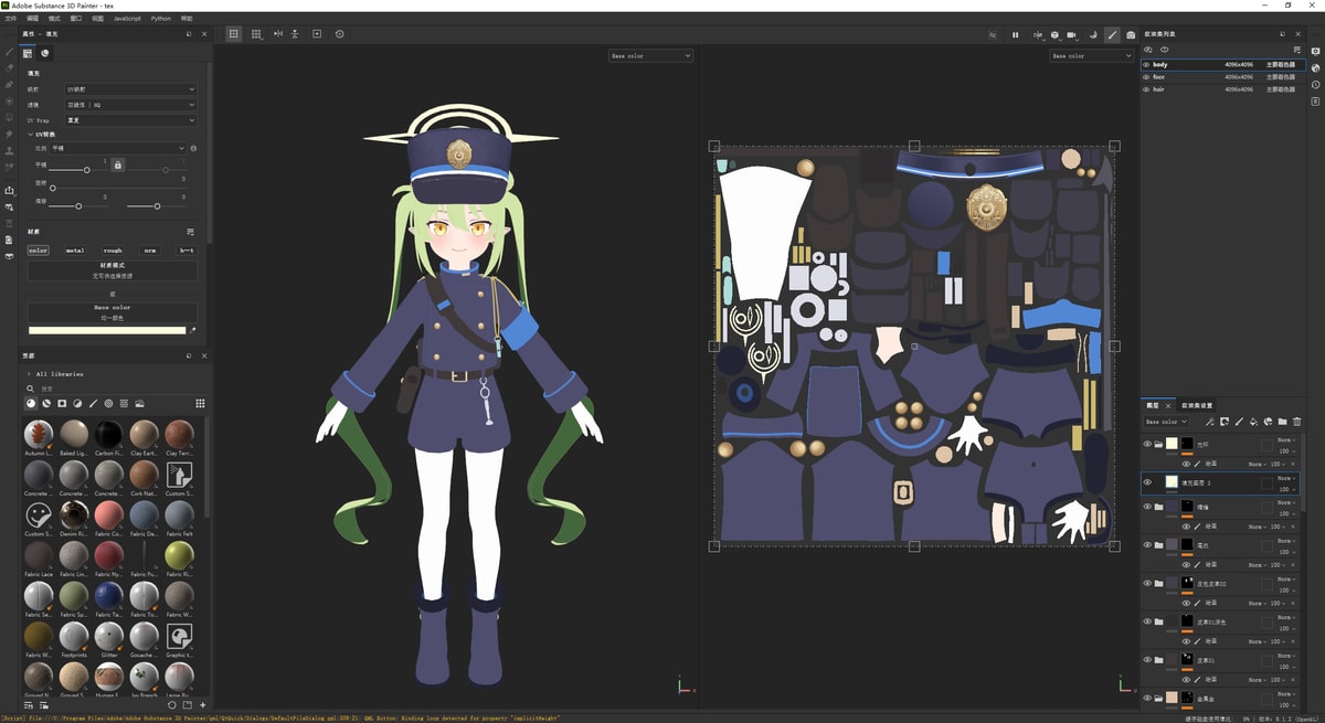 Green-haired stylized character in a blue uniform beside its texture layout in Substance Painter