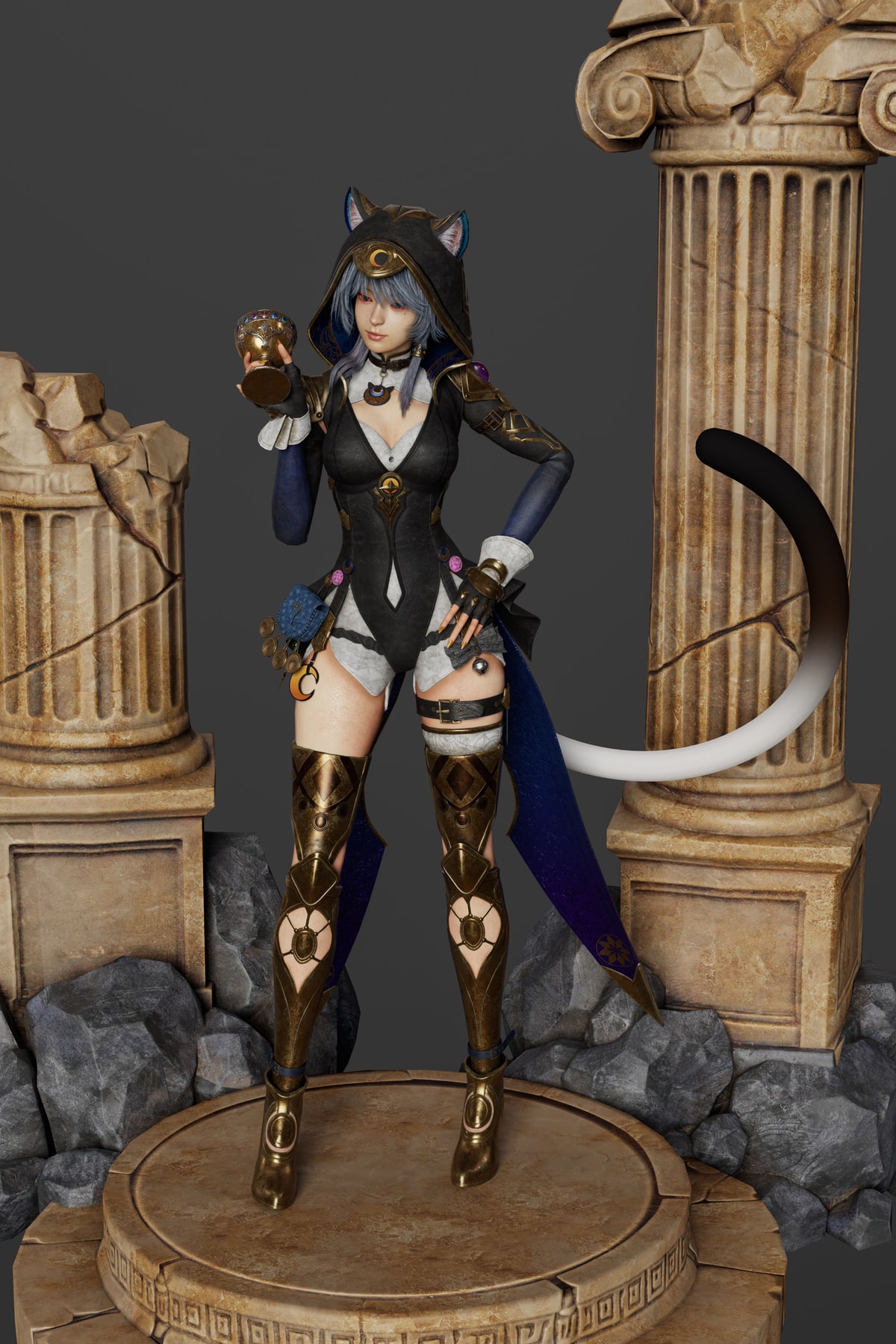 Full-body front render of Cipher holding a gold goblet among weathered stone columns