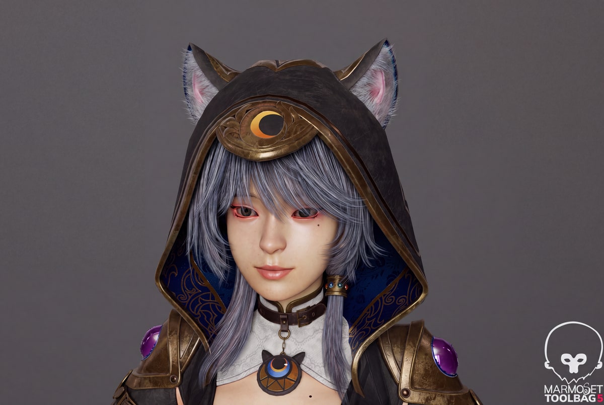 Realistic portrait of Cipher with silver hair, cat ears, a dark hood and gold ornament