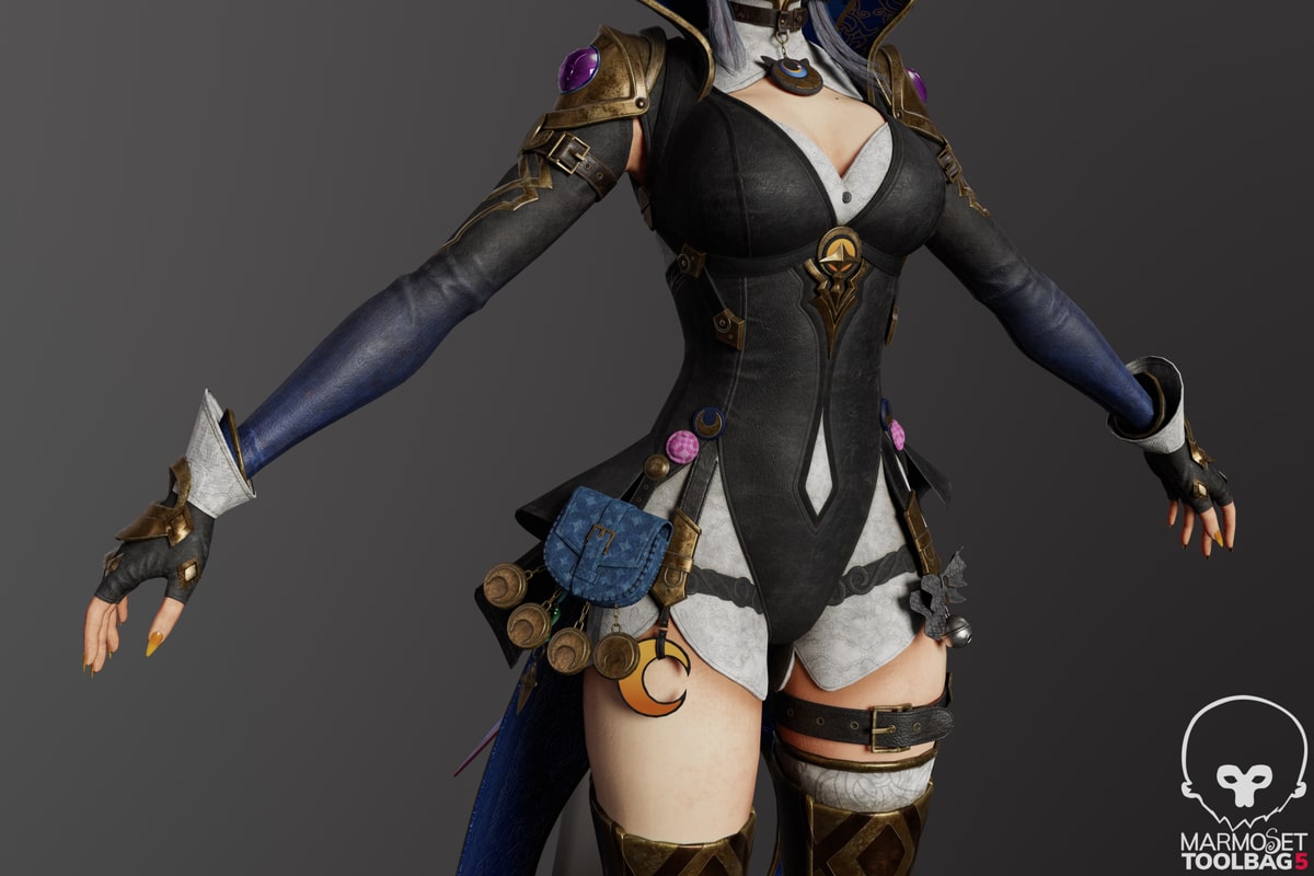 Front costume detail of Cipher with dark leather, gold armor, gloves and a blue pouch