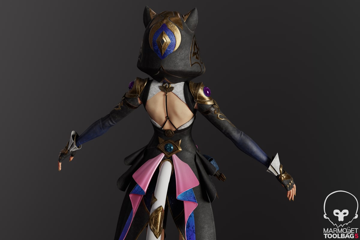 Back view of Cipher showing an embroidered hood, gold shoulder armor and layered ribbons