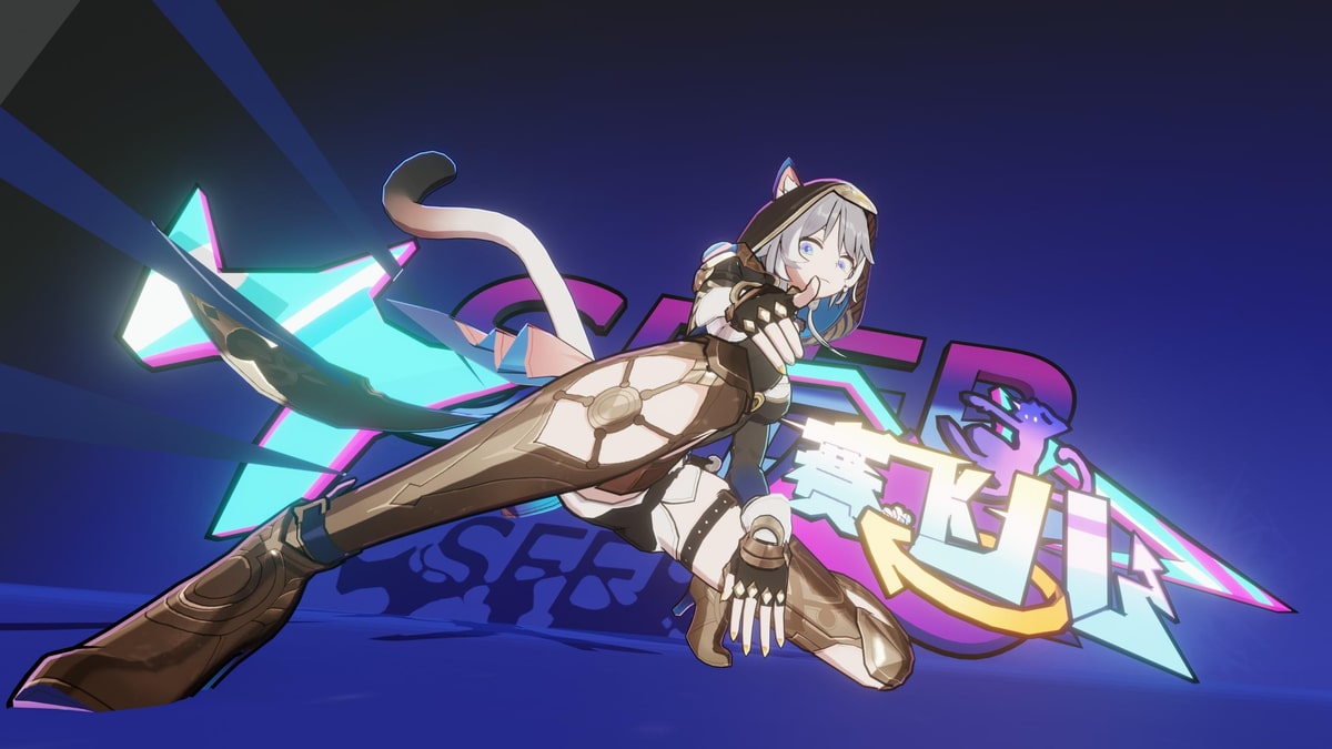 Stylized Cipher in a dynamic pose against a vivid cyan and purple background