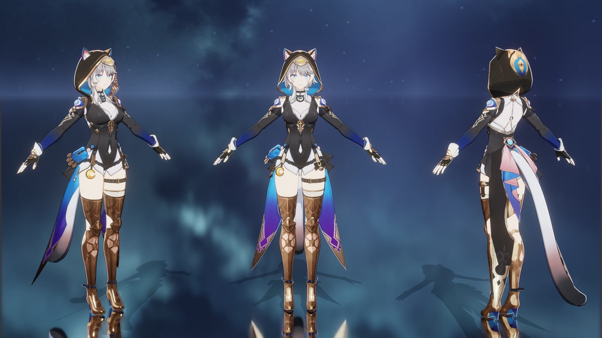 Three views of a stylized silver-haired Cipher character