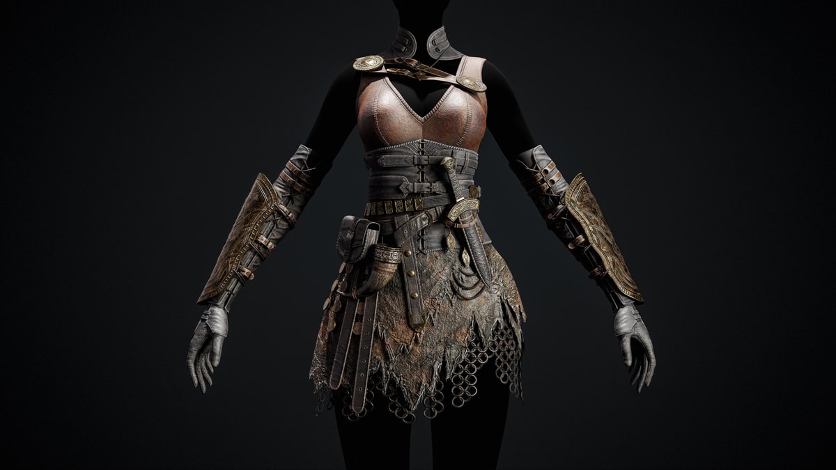 Front view of an ornate leather and metal fantasy corselet