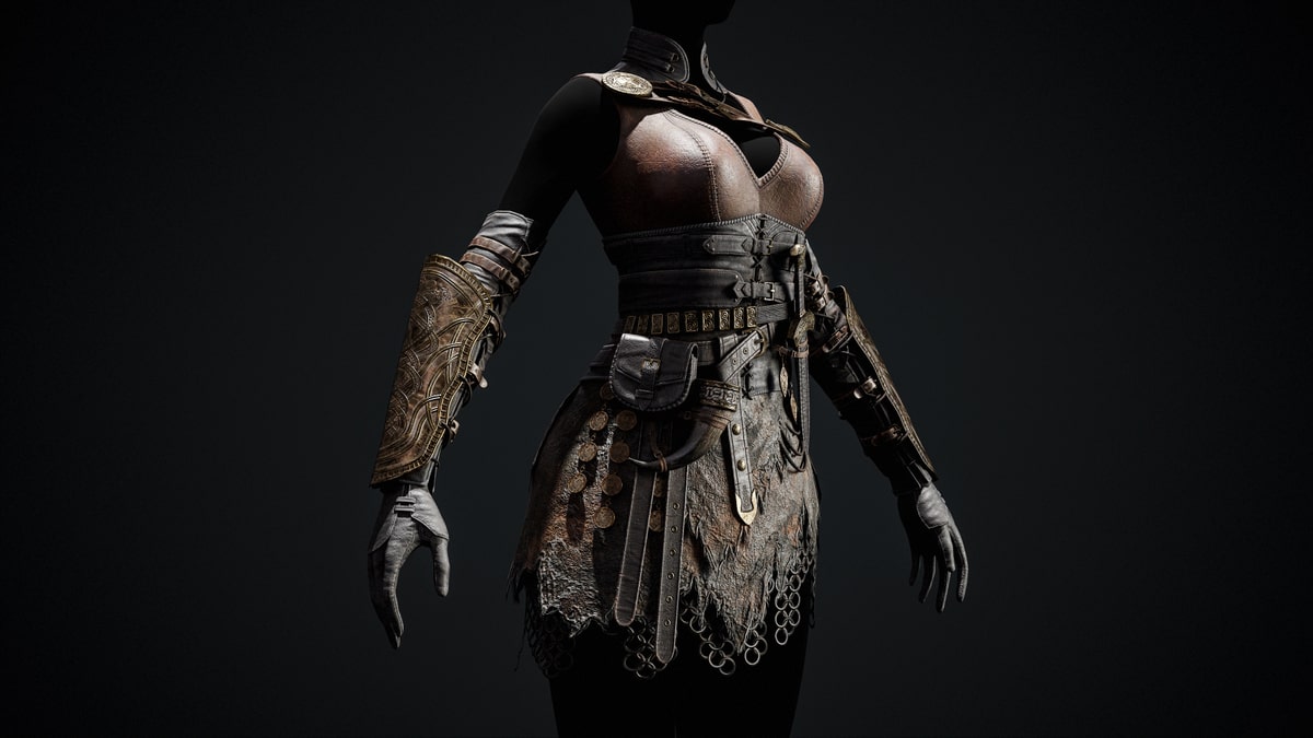 Three-quarter view of the corselet with engraved bracers