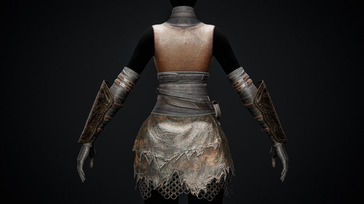 Back view of the layered leather corselet and skirt