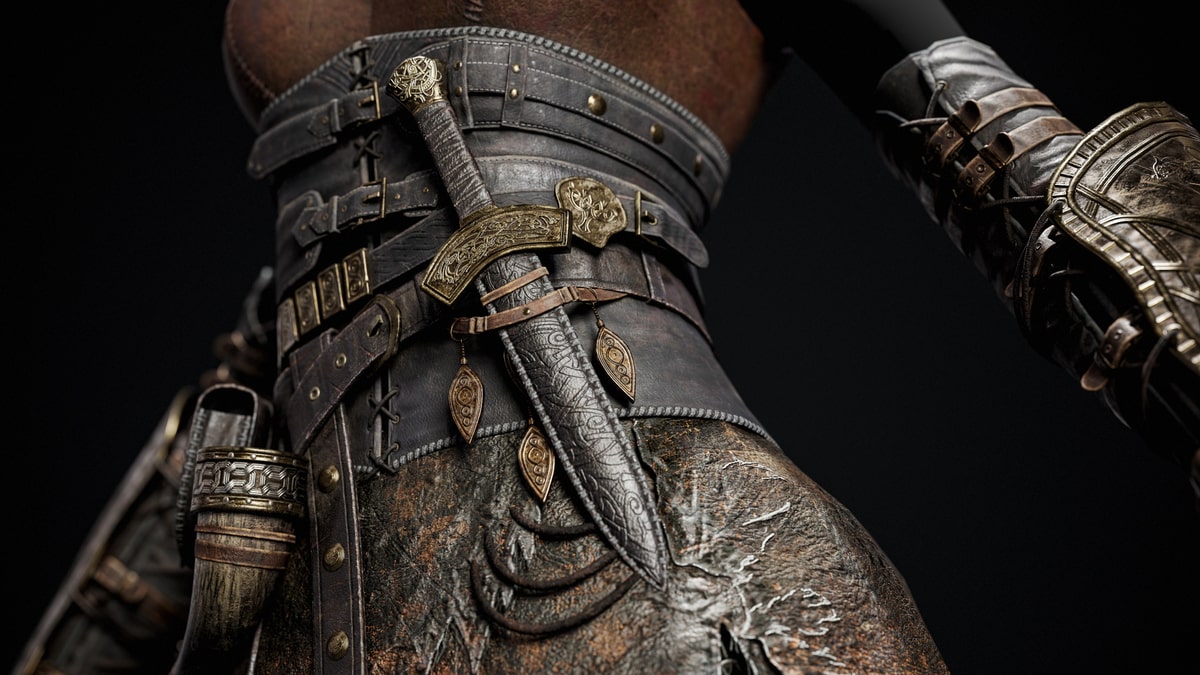 Close-up of the belt, fabric and engraved metal plate