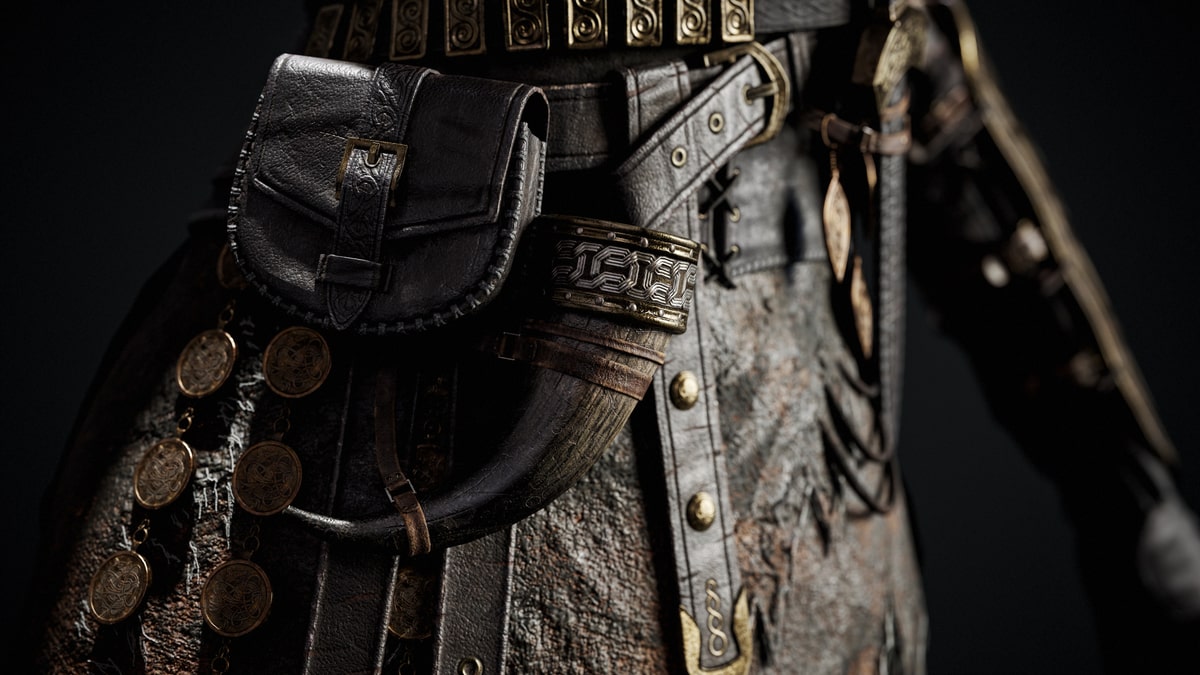 Close-up of leather pouches, stitching and metal fittings