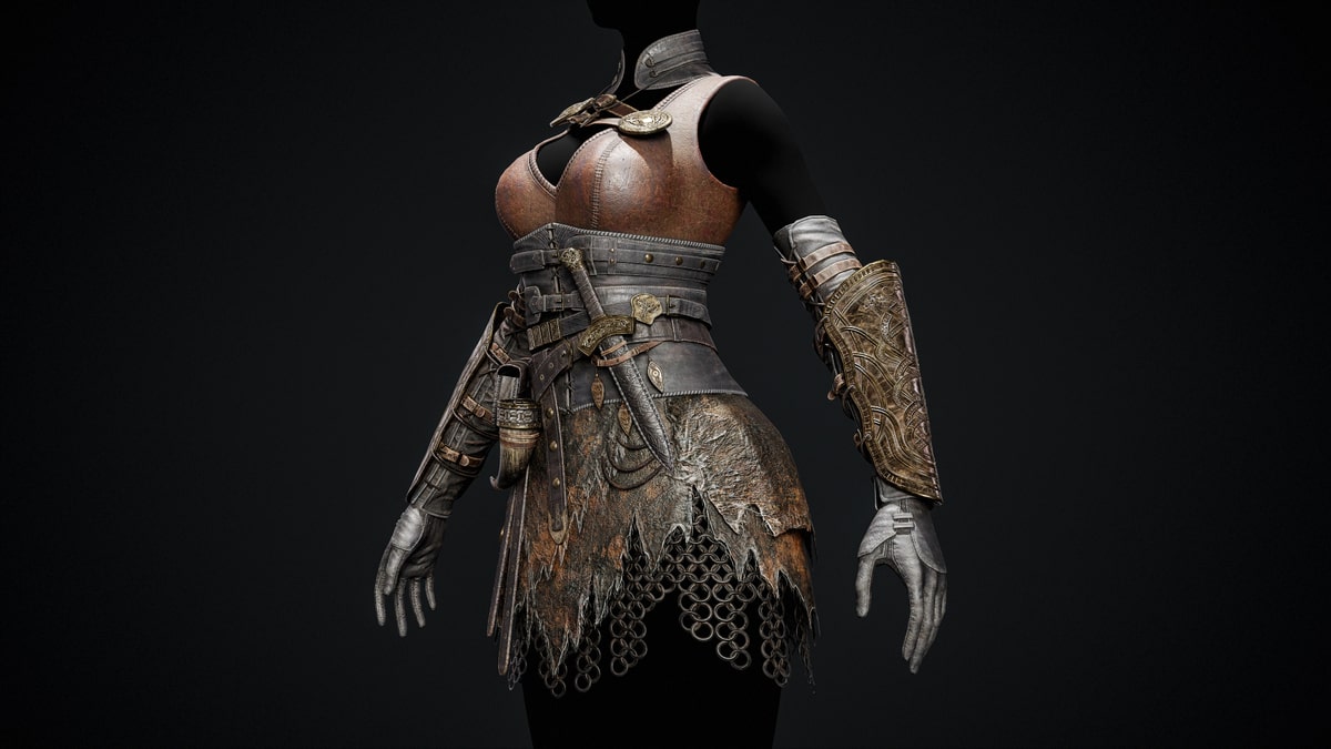 Side view of the fitted corselet, skirt and bracers