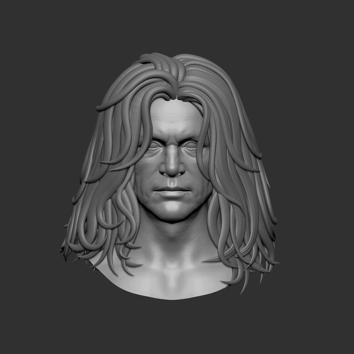 Front view of the male portrait sculpture with long layered hair framing the face