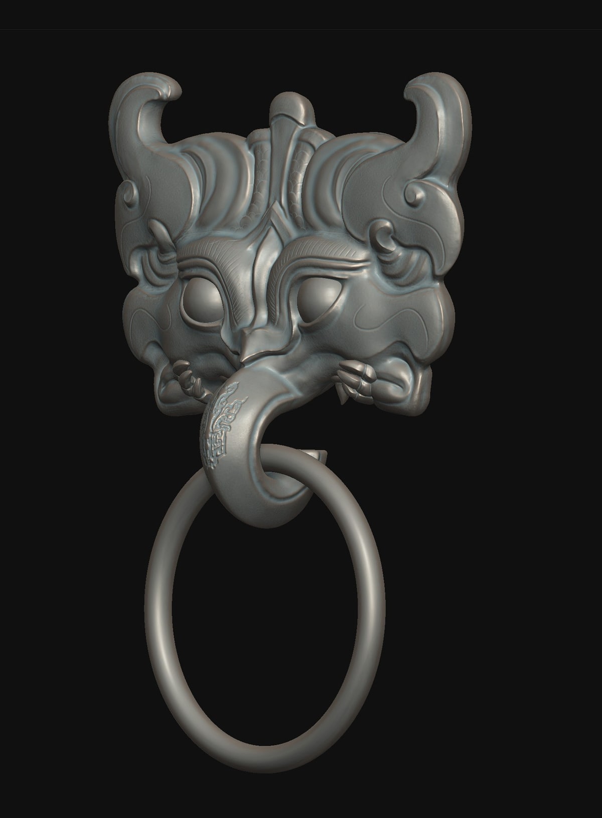 Three-quarter view of the ornamental guardian sculpture and ring
