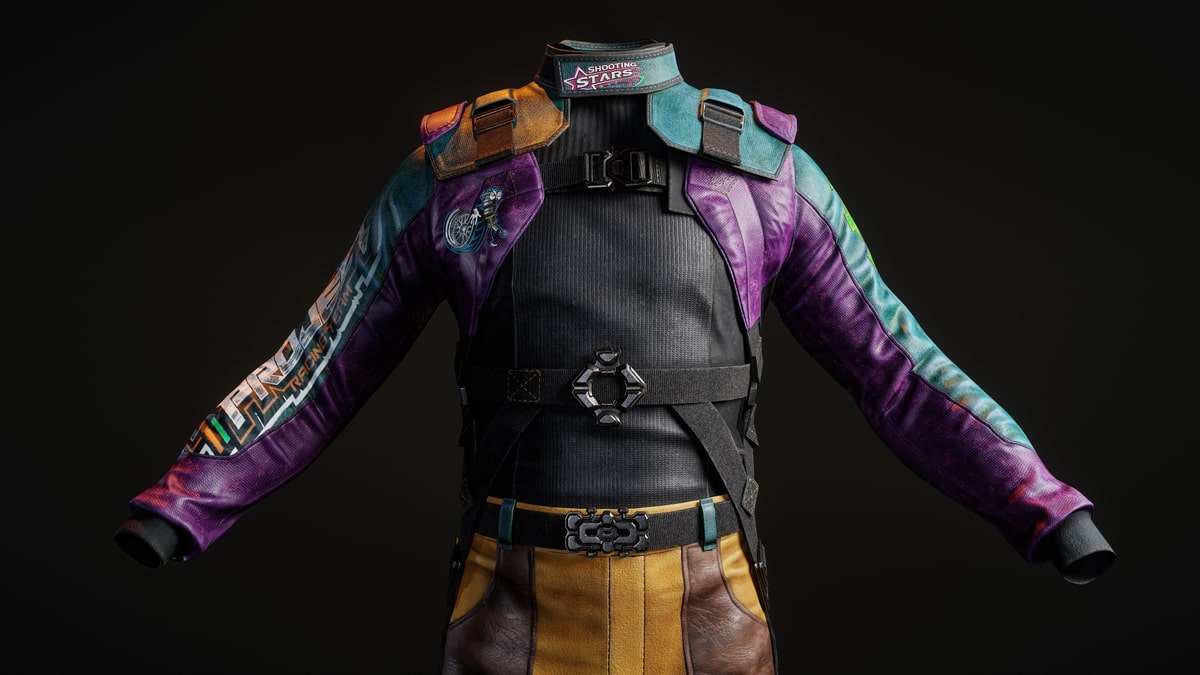 Front view of a colorful racing jacket and suit with belts and panels
