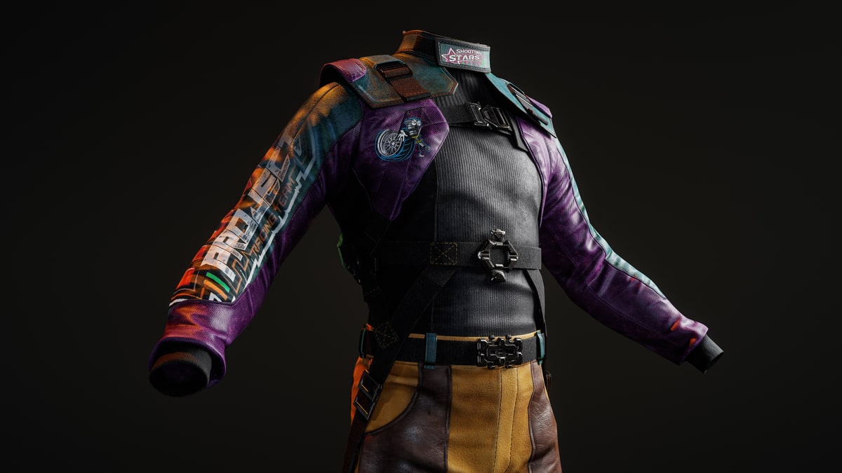 Angled view of a purple and orange technical racing suit
